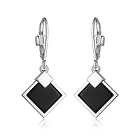 ELLE Sterling Silver & Genuine Black Agate Square Lock Earrings