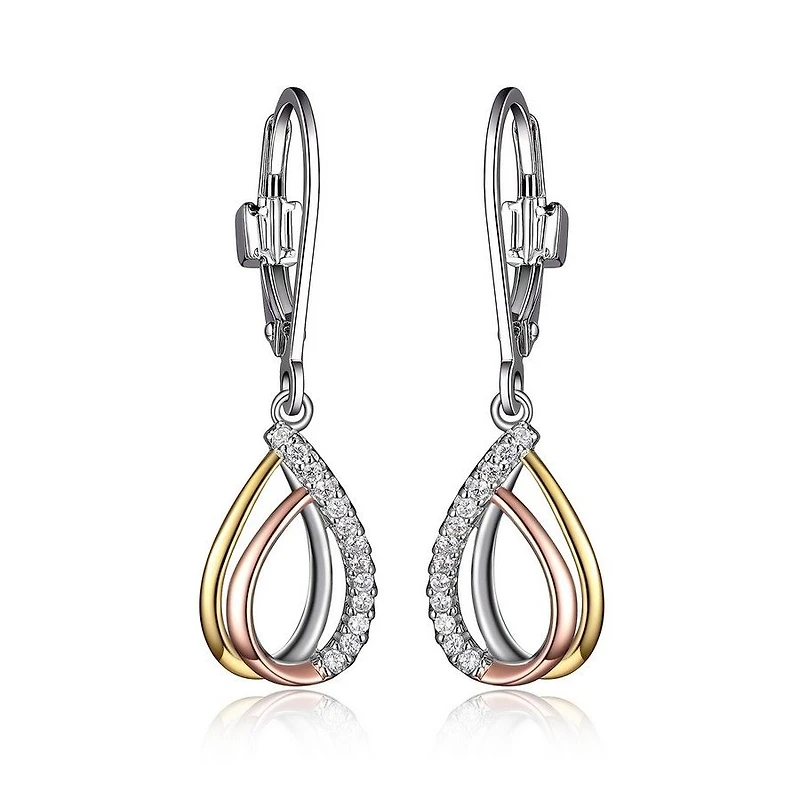 ELLE Sterling Silver & Cubic Zirconia 3-Tone Gold Plated Teardrop Leverback Earrings