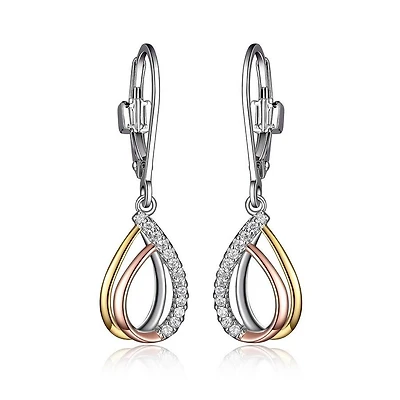 ELLE Sterling Silver & Cubic Zirconia 3-Tone Gold Plated Teardrop Leverback Earrings