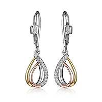 ELLE Sterling Silver & Cubic Zirconia 3-Tone Gold Plated Teardrop Leverback Earrings