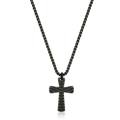 STEELX  Stainless Steel Antique Black Plated Cross Pendant with Box Chain Necklace 24"
