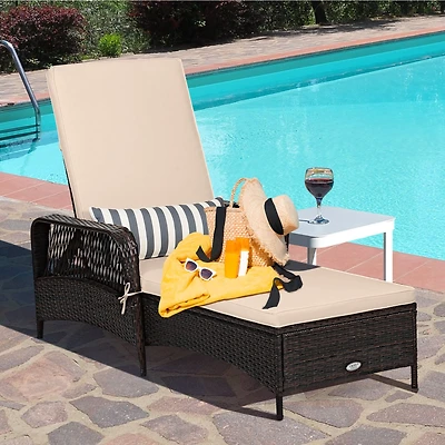Outdoor Patio Wicker Chaise Lounge Chair, Adjustable Backrest and Pillow - Beige