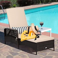 Outdoor Patio Wicker Chaise Lounge Chair, Adjustable Backrest and Pillow - Beige