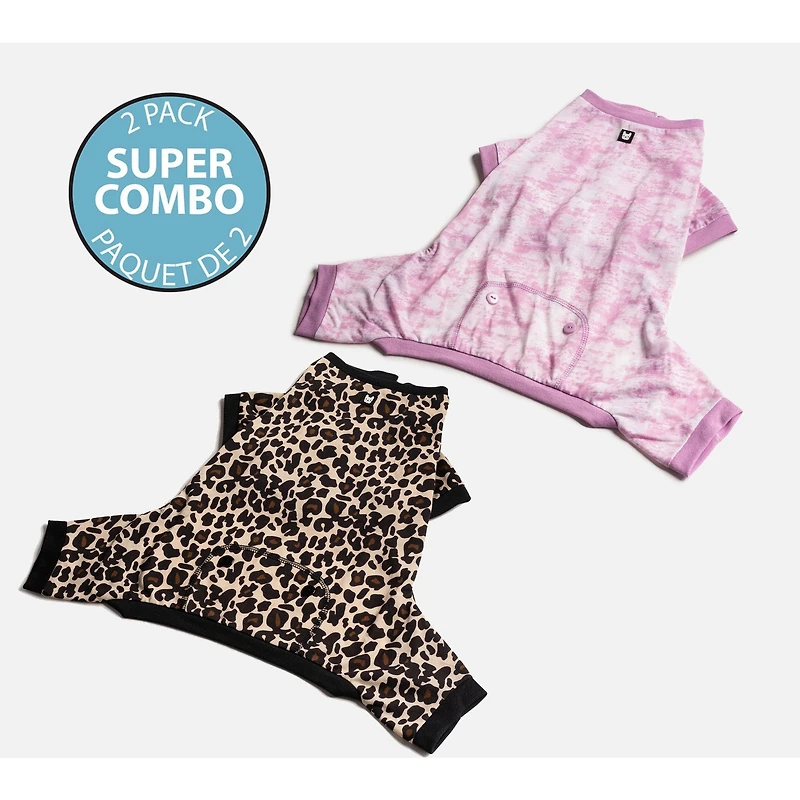 Dog's Pack of 2 Pyjamas by SilverPaw - Leopard and Pink Tie Dye Prints