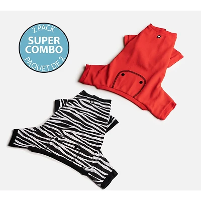 Paquet de 2 pyjamas pour chiens par SilverPaw - imprimé zèbre et rouge uni