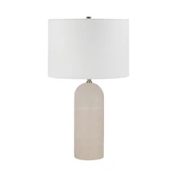 Ixia 25" Tall Plated Antique Brushed Brass Iron Table Lamp with Drum Linen Shade