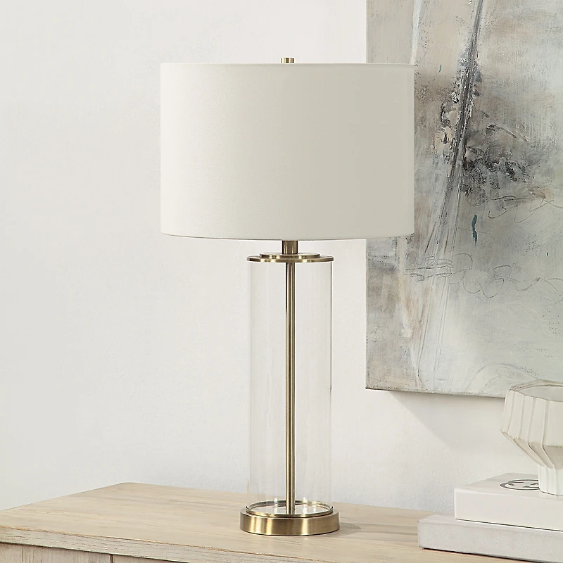 Saco 28" Tall Satin Brass Glass Table Lamp with Drum Linen Shade (Set of 2)
