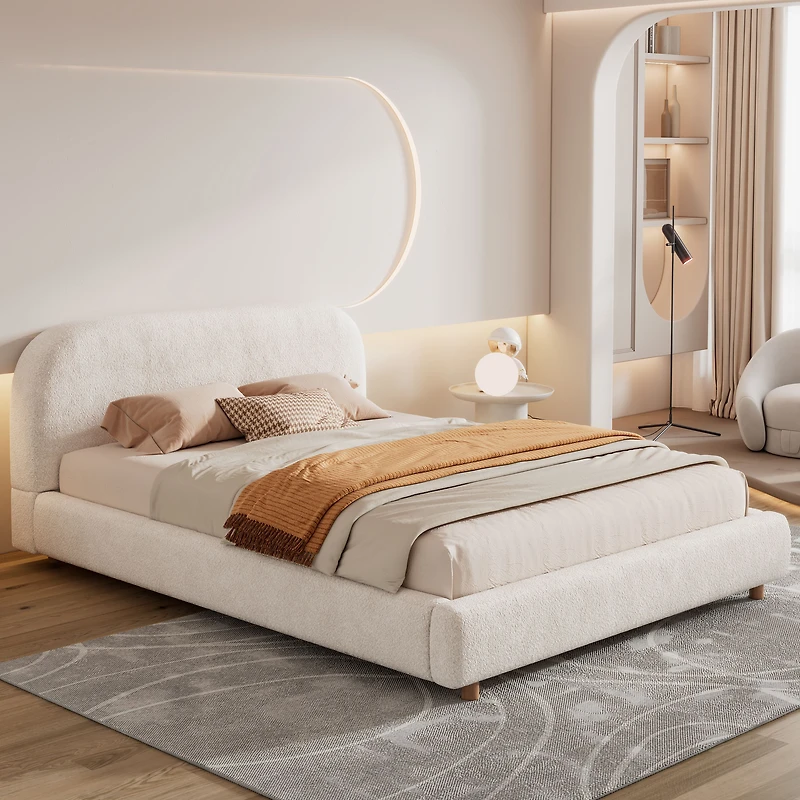 Modern Minimalist Loop-Pile Upholstered Bed Frame – King, Beige