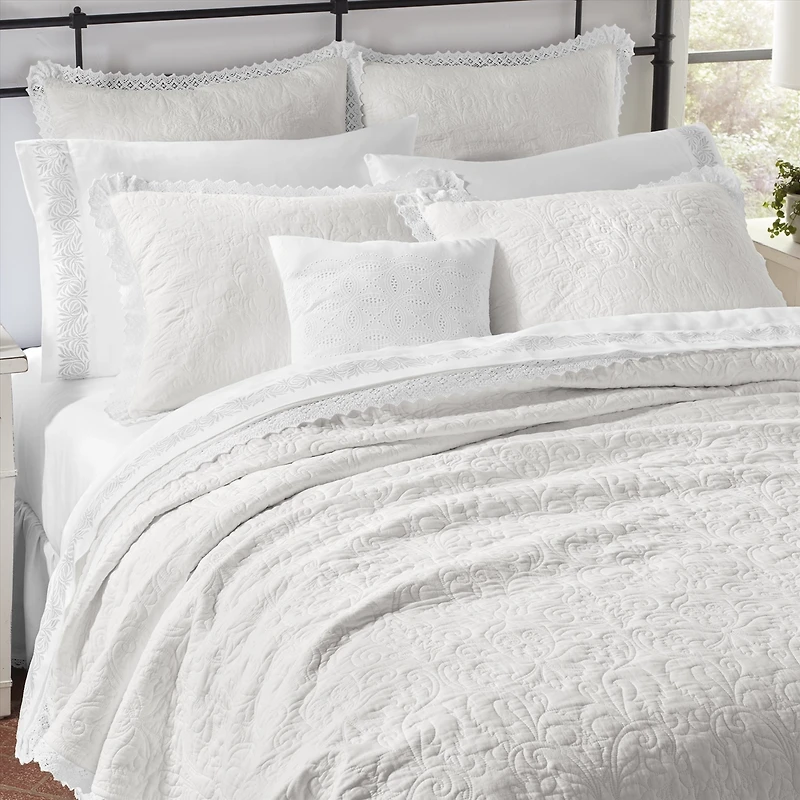 Laura Ashley Heirloom Crochet  Cotton White Quilt Set