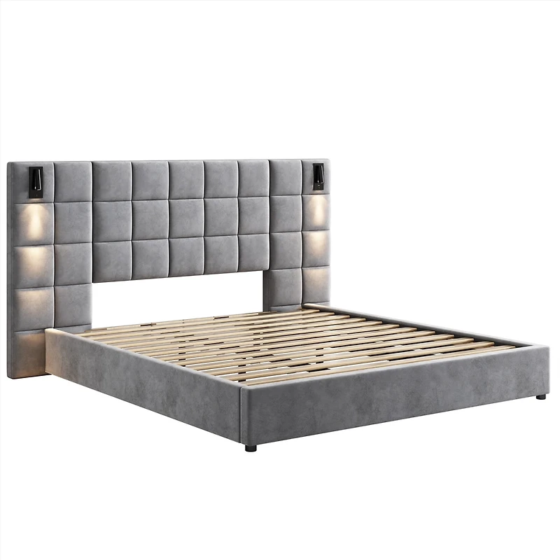 Lit queen en velours 46 po avec lampes et port USB – Gris
