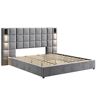 Lit queen en velours 46 po avec lampes et port USB – Gris
