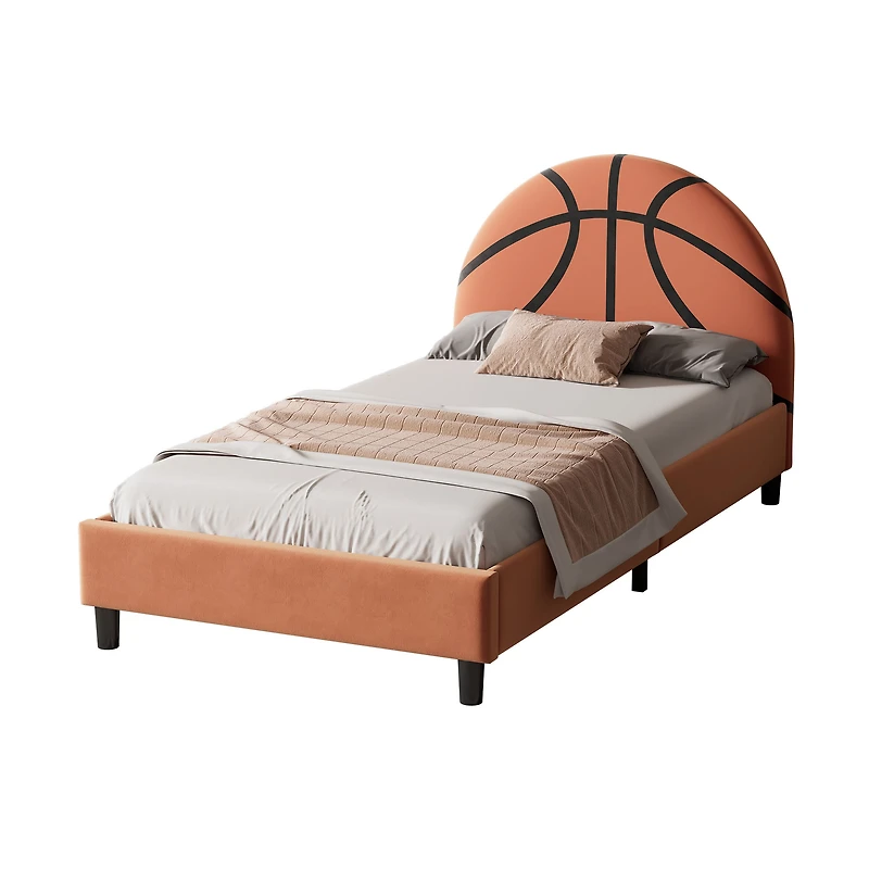 Basketball Design Upholstered Twin Bed Orange