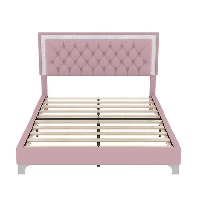 Cadre de lit LED en velours avec tête de lit capitonnée – grand