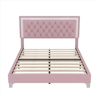 Cadre de lit LED en velours avec tête de lit capitonnée – grand