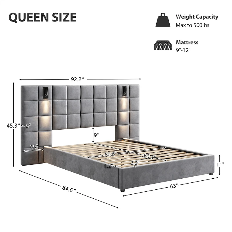 46" Velvet Upholstered Queen Bed with Lamps & USB – Grey