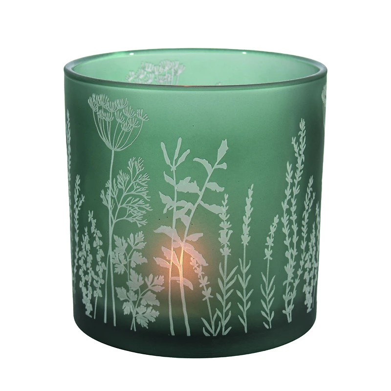 Green Frosted Glass Candle Holder with Wildflowers Decal