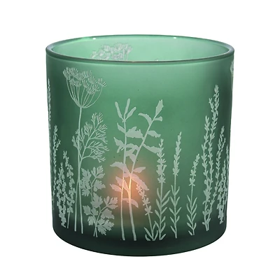 Green Frosted Glass Candle Holder with Wildflowers Decal