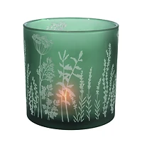 Green Frosted Glass Candle Holder with Wildflowers Decal