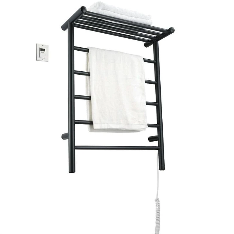 Miazzo 5-Bar Electric Wall Mount Plug-In and Hardwire Towel Warmer with Shelf and Wall Timer in Matte Black