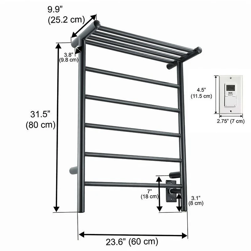 Miazzo 5-Bar Electric Wall Mount Plug-In and Hardwire Towel Warmer with Shelf and Wall Timer in Matte Black