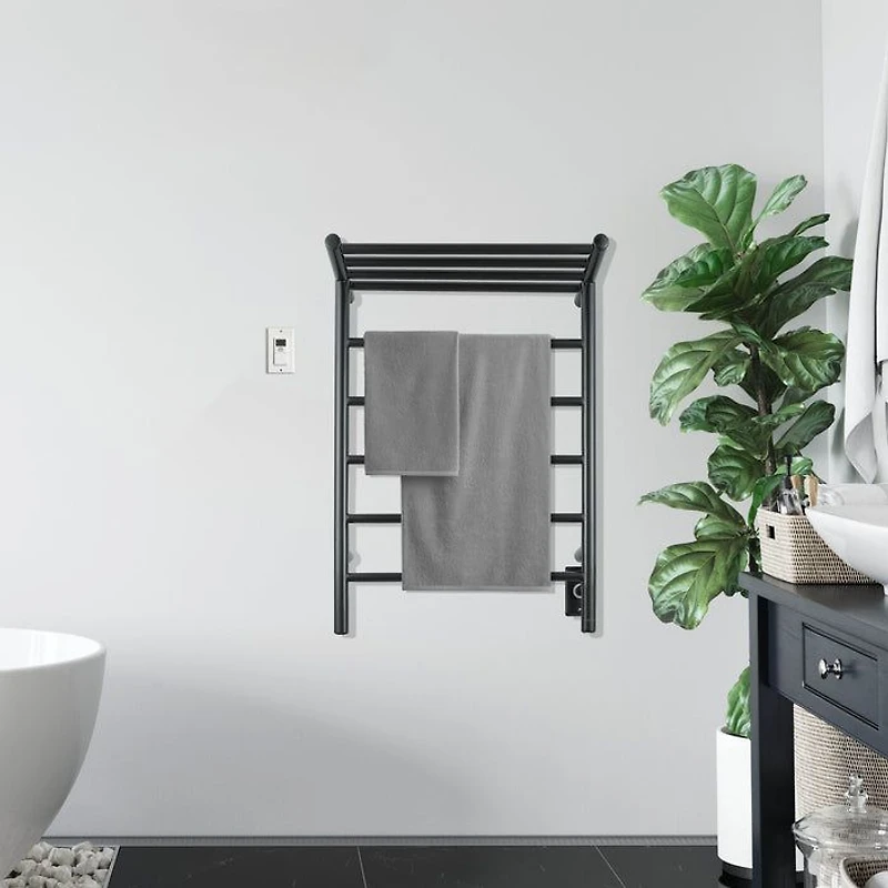 Miazzo 5-Bar Electric Wall Mount Plug-In and Hardwire Towel Warmer with Shelf and Wall Timer in Matte Black