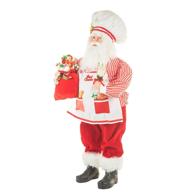 Grande figurine Père Noël chef en tissu rouge et blanc canne en sucre prêt à cuisiner