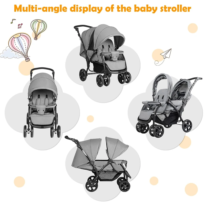 Foldable Lightweight Front Back Seats Double Baby Stroller - Gray