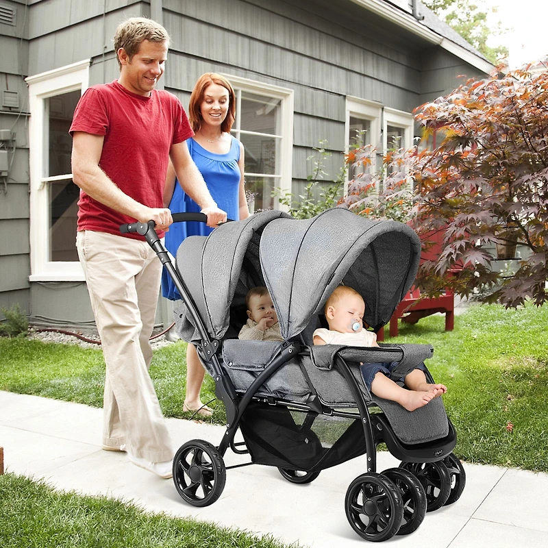 Foldable Lightweight Front Back Seats Double Baby Stroller - Gray