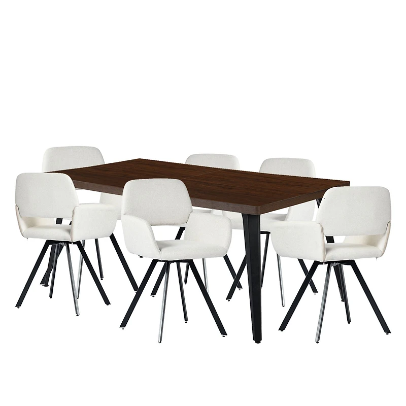 Dining Set with Beige Swivel Chairs, Set of 7 - Dark Brown