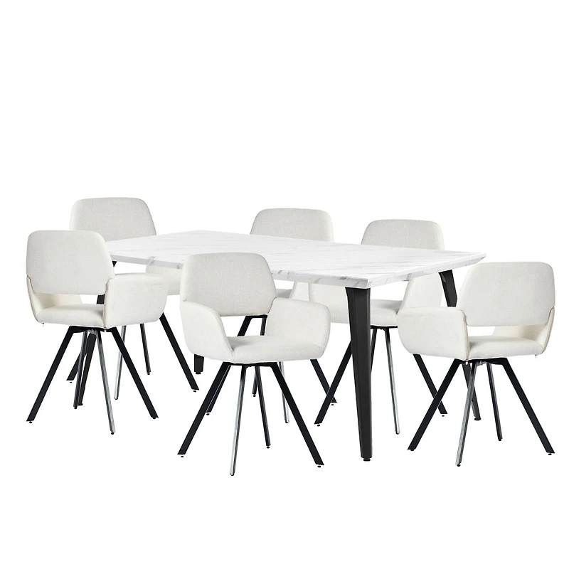 Marble Finish Dining Set with Beige Swivel Chairs, Set of 7