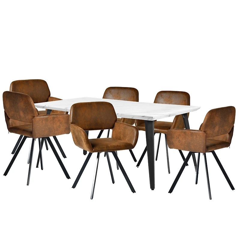 Marble Finish Dining Set with Brown Swivel Chairs, Set of 7