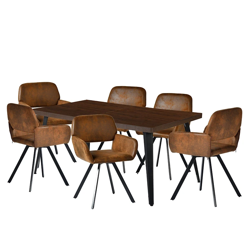 Dining Set with Brown Swivel Chairs, Set of 7 - Dark Brown