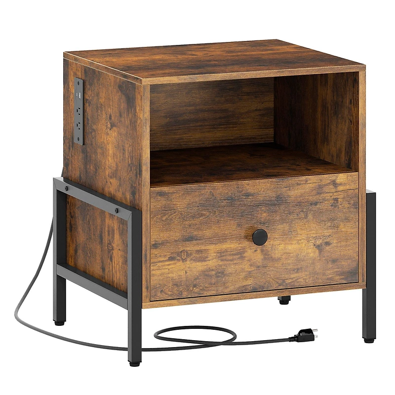 Nightstand, Charging Station and Drawer Sofa Side Table - Rustic Brown