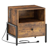 Nightstand, Charging Station and Drawer Sofa Side Table - Rustic Brown