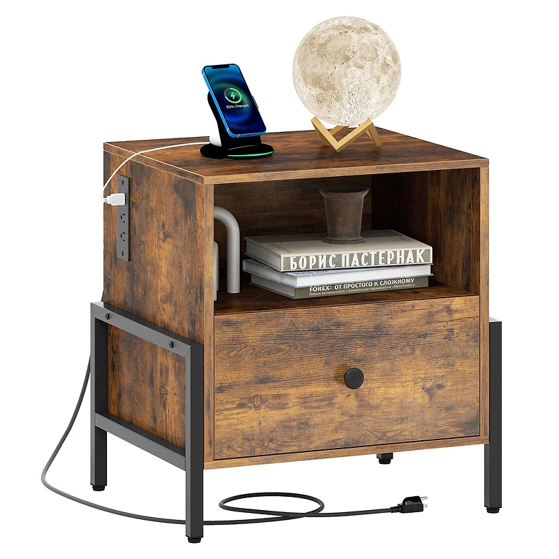 Table de chevet, station de recharge et tiroir / Table d'appoint pour canapé - Brun rustique