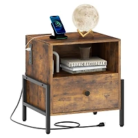 Table de chevet, station de recharge et tiroir / Table d'appoint pour canapé - Brun rustique