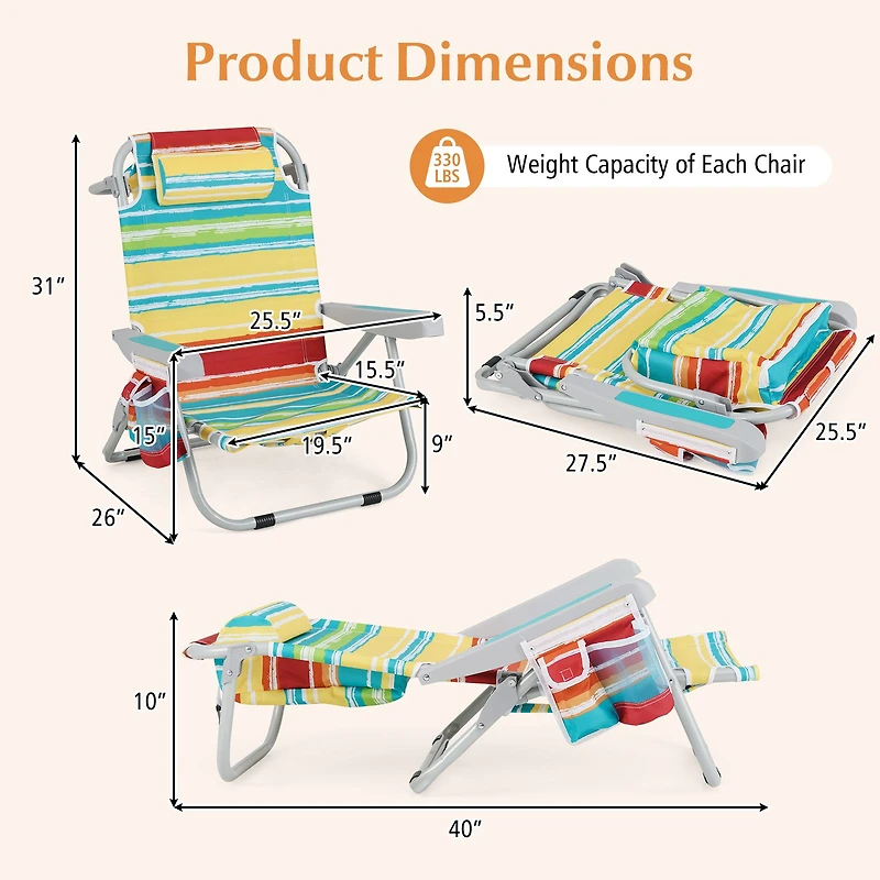 1 Piece Foldable Backpack Beach Chair, Cup Holder and Storage Pockets for Outdoor