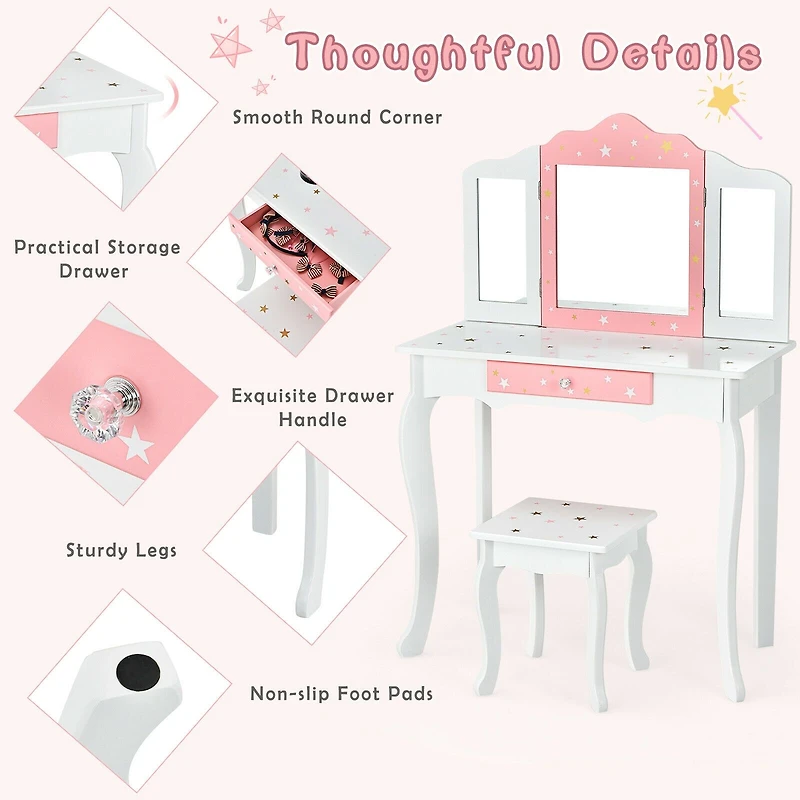 Kids Princess Vanity Table and Stool Set
