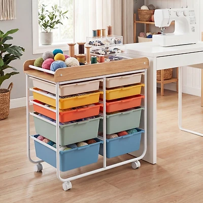 10-Drawer Rolling Cart, Wooden Tabletop and Lockable Wheels for Office - Macaron