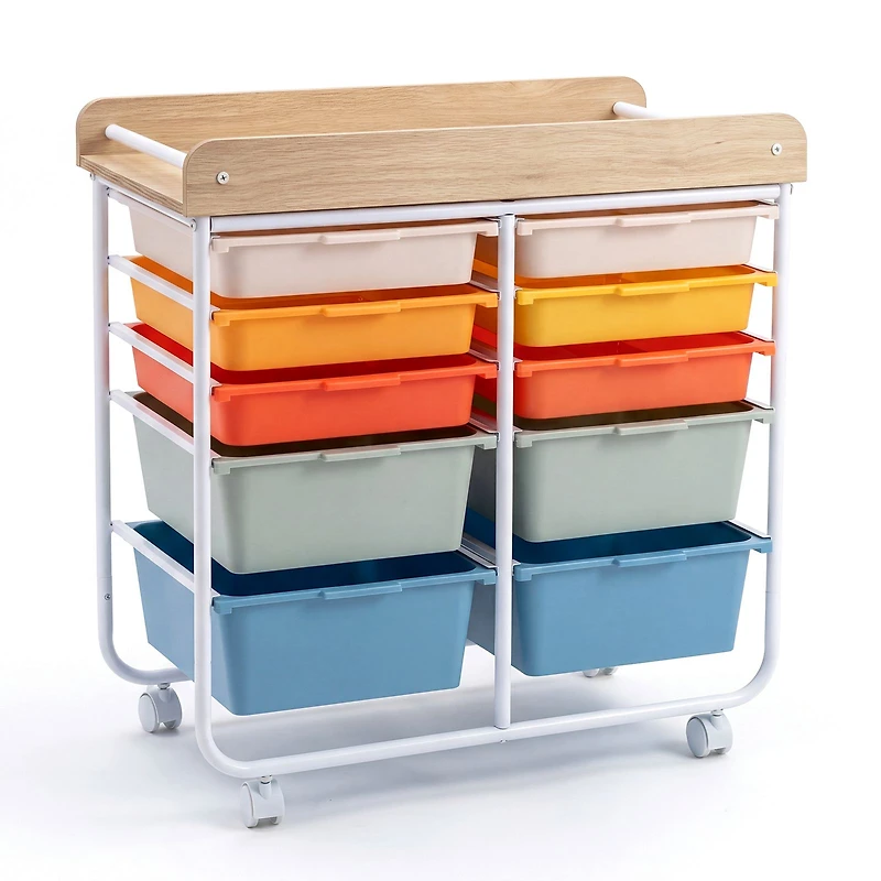 10-Drawer Rolling Cart, Wooden Tabletop and Lockable Wheels for Office - Macaron