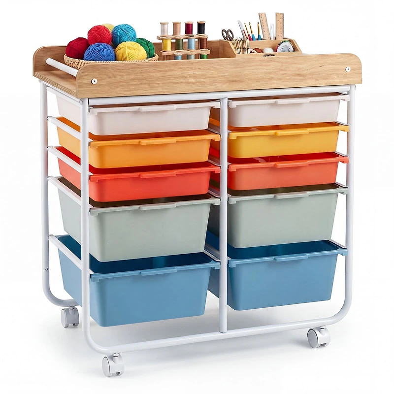 10-Drawer Rolling Cart, Wooden Tabletop and Lockable Wheels for Office - Macaron