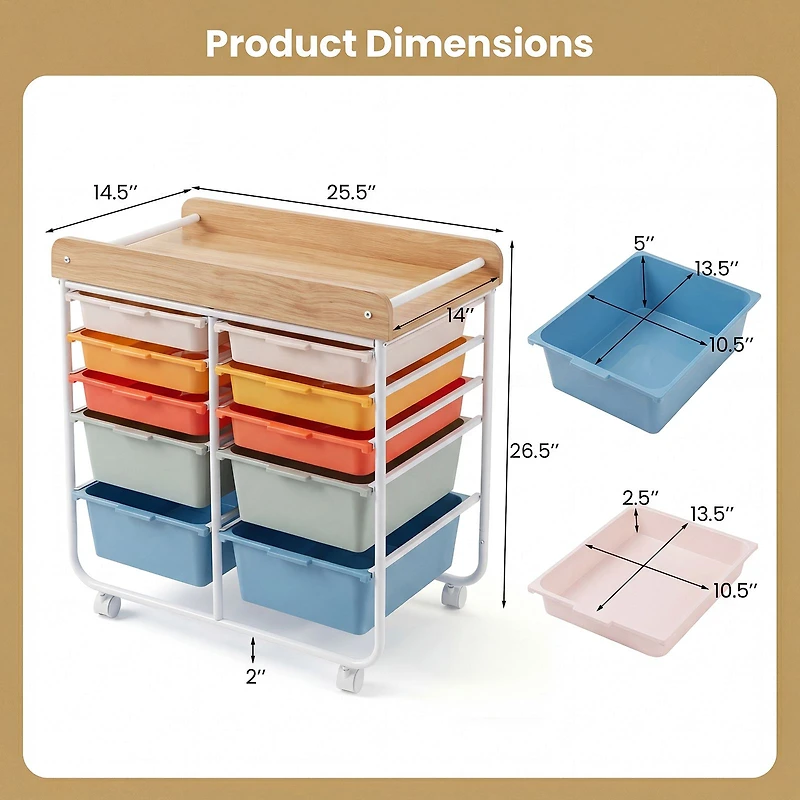 10-Drawer Rolling Cart, Wooden Tabletop and Lockable Wheels for Office - Macaron