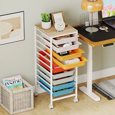 10-Drawer Rolling Storage Cart Mobile Utility Organizer, Wooden Tabletop and Lockable Wheels - Macaron