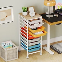 10-Drawer Rolling Storage Cart Mobile Utility Organizer, Wooden Tabletop and Lockable Wheels - Macaron