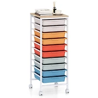 10-Drawer Rolling Storage Cart Mobile Utility Organizer, Wooden Tabletop and Lockable Wheels - Macaron