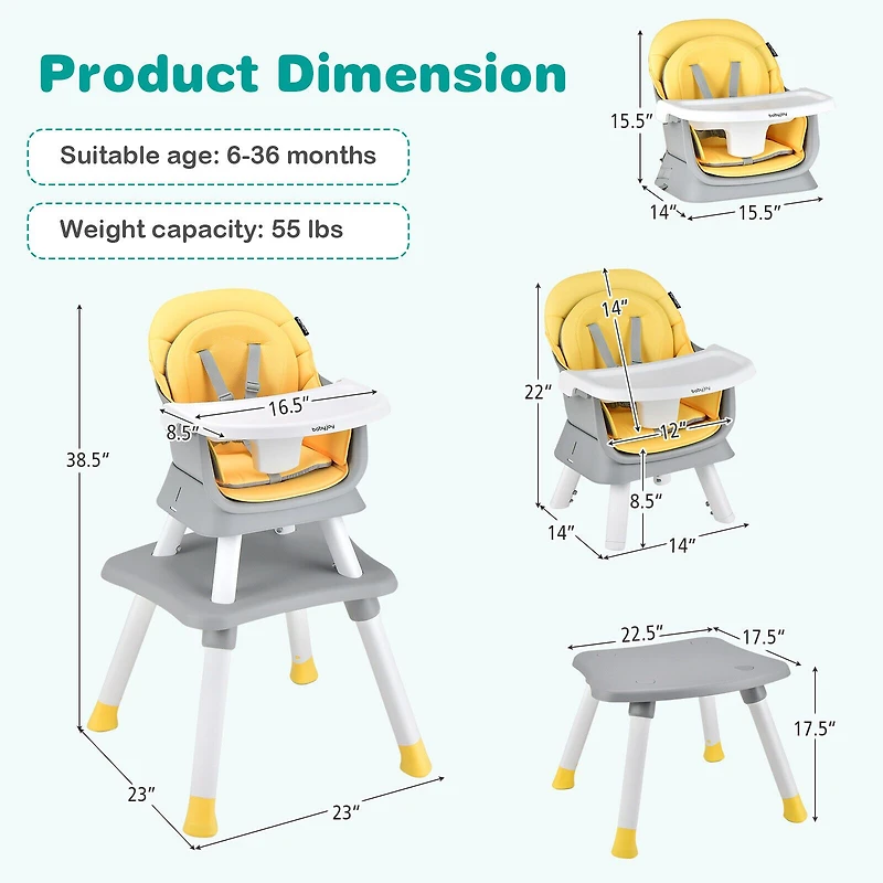6-in-1 Convertible Baby High Chair - Yellow