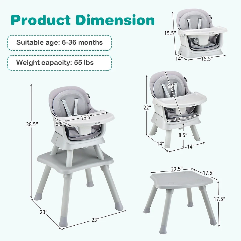 6-in-1 Convertible Baby High Chair - Gray