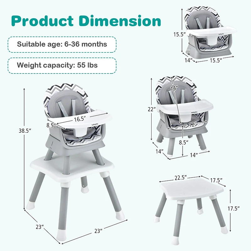 6-in-1 Convertible Baby High Chair  - Gray & White