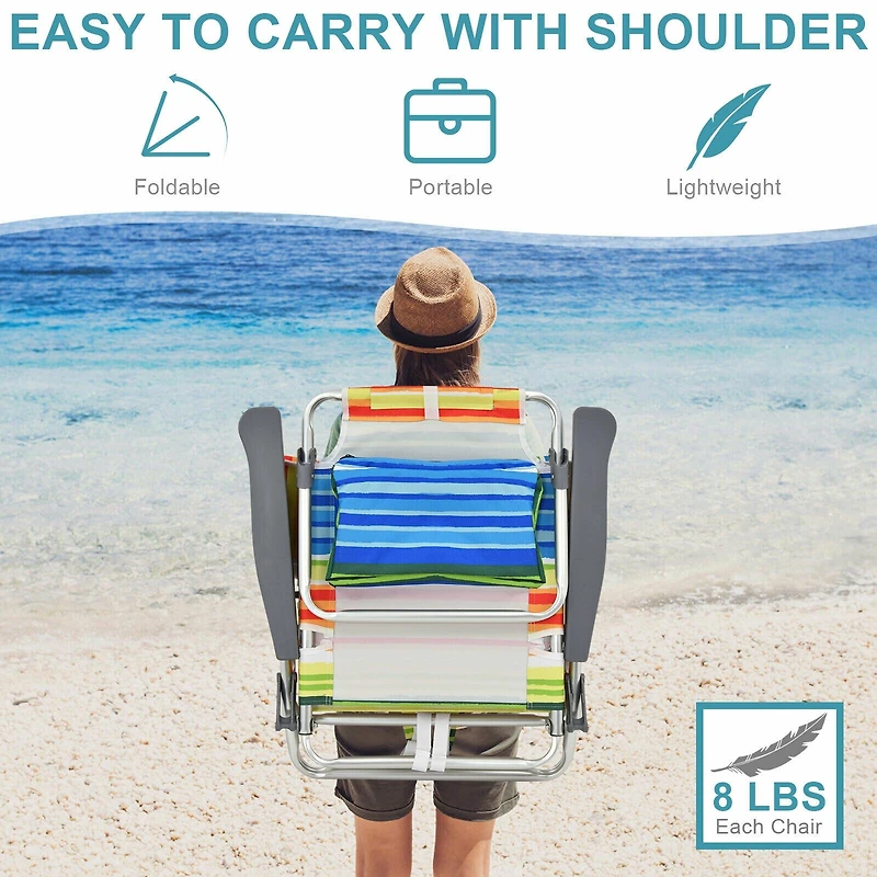 Ensemble de 2 chaises plage pliantes à dossier, inclinables d'extérieur 5 positions, coussin