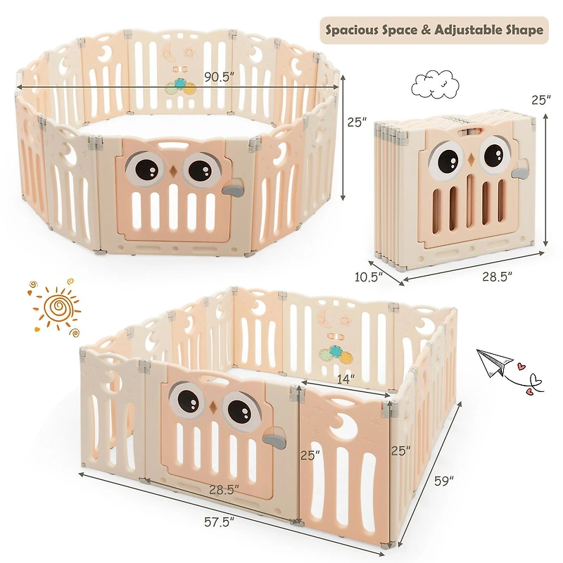 14-Panel Baby Playpen Kids Activity Center Foldable Play Yard, Lock Door - Pink